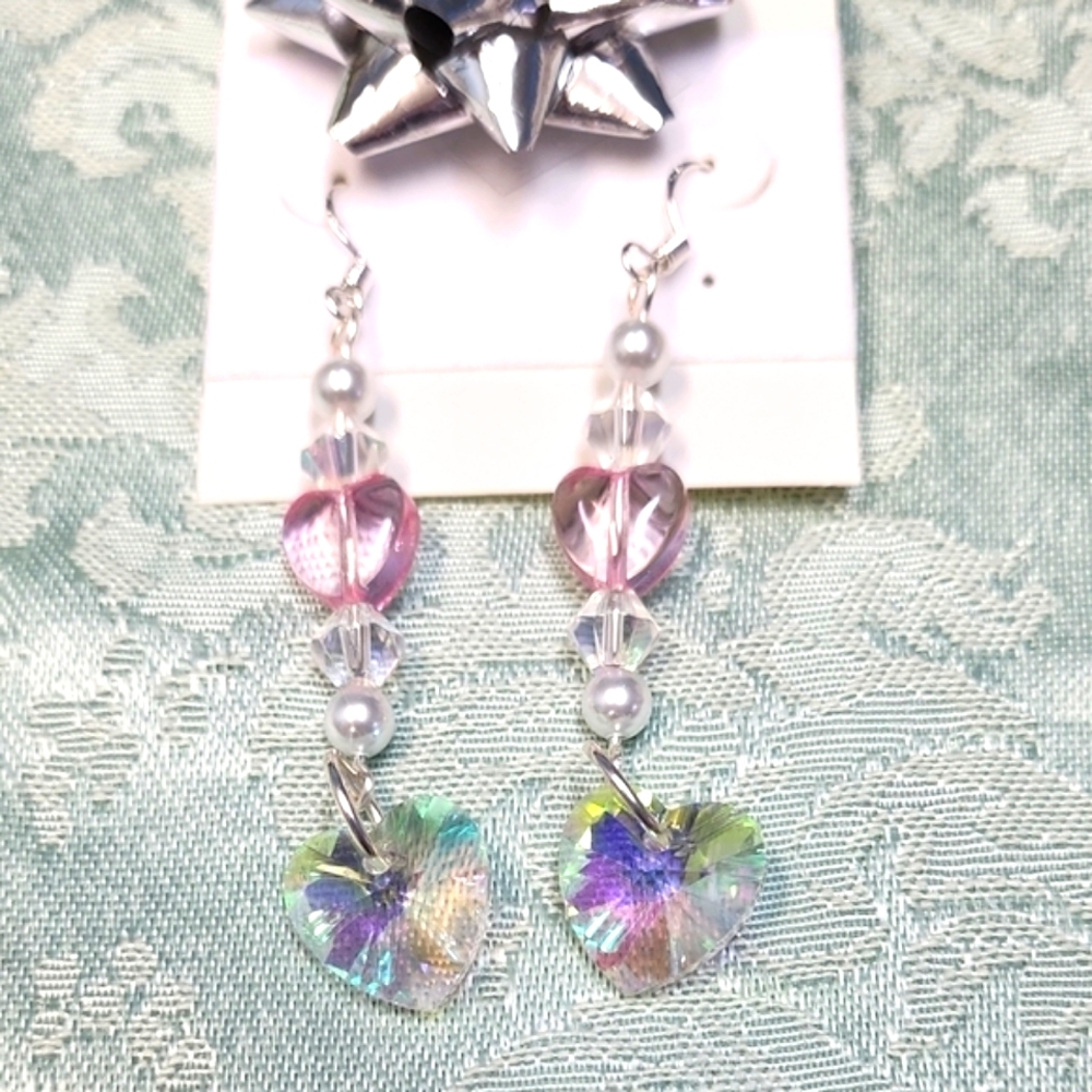 Sterling Silver Drop Earrings Pink & Aurora Borealis Hearts!